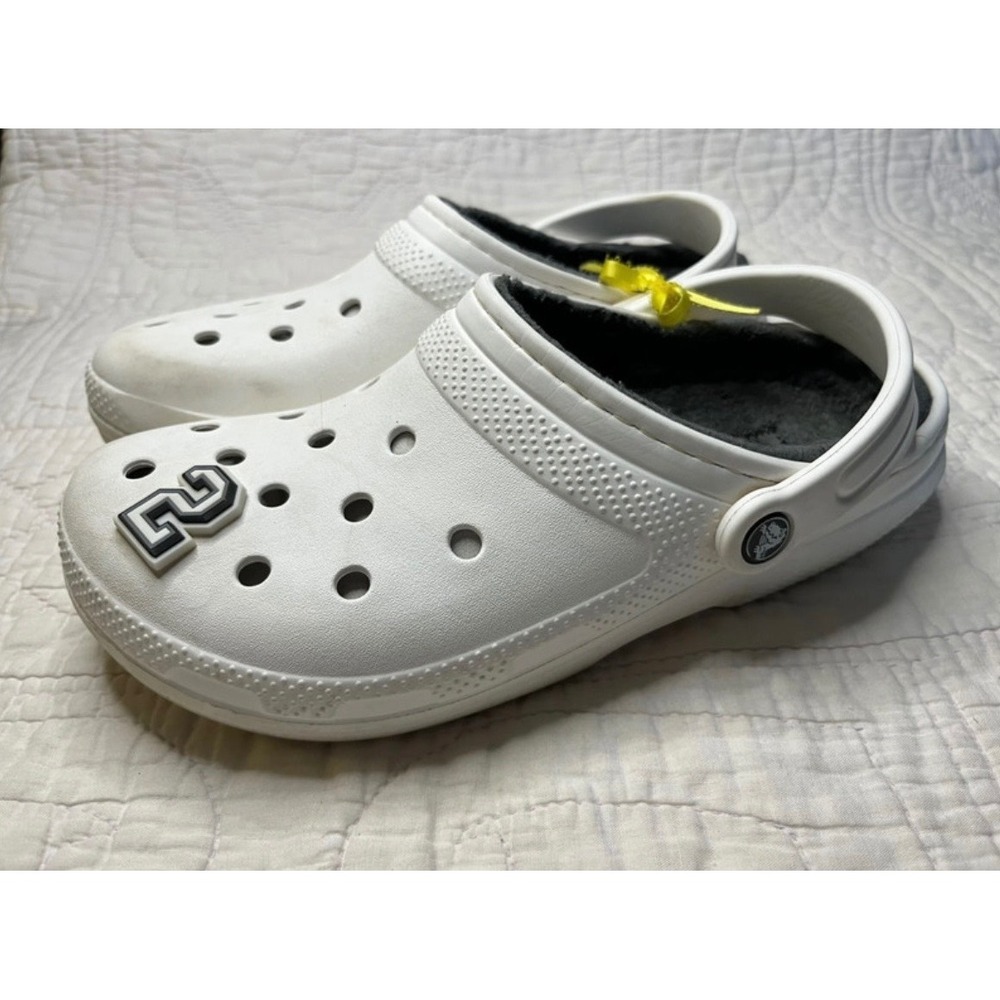 Crocs Classic Lined Clogs White Grey Fuzzy Furry Slippers Women 9 Men 7 Jibbitz